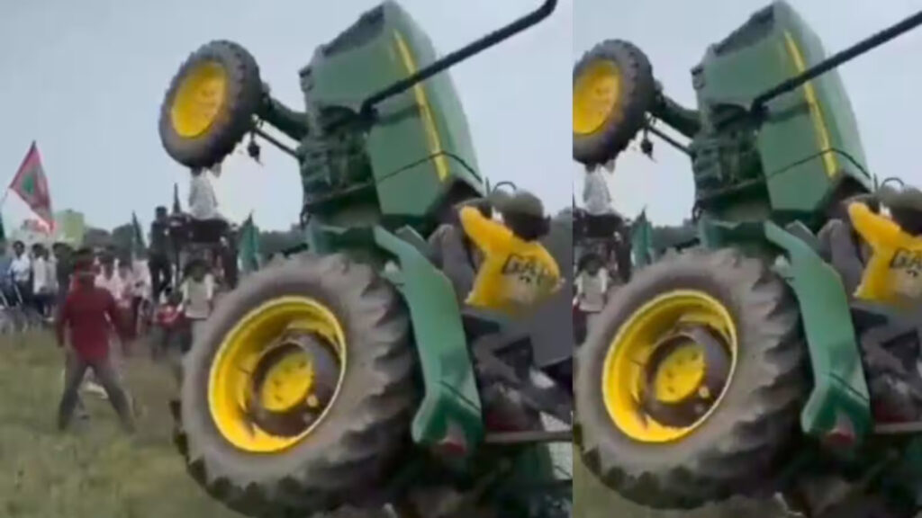 Aligarh Tractor Stunt Turns Terrifying: Vehicle Flips During Festival, Crowd Escapes Tragedy aligarh news (1)